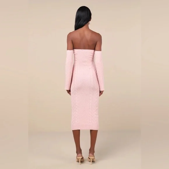 Lulus Cuddly Element Light Pink Cable Knit Off-the-shoulder Midi Dress - Size M - Picture 4 of 5